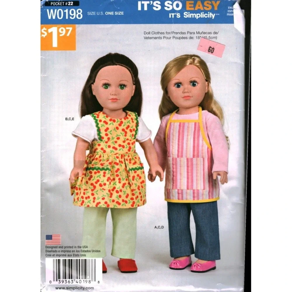 Simplicity W0198 18 Inch Doll Clothes Sewing Pattern Shirt‎ Pants Apron One Size